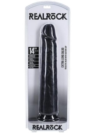 RealRock Ultra Realistic Skin Extra Large Straight Dildo with Suction Cup 14in - Black