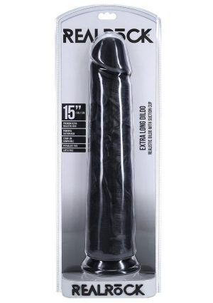 RealRock Ultra Realistic Skin Extra Large Straight Dildo with Suction Cup 15in - Black