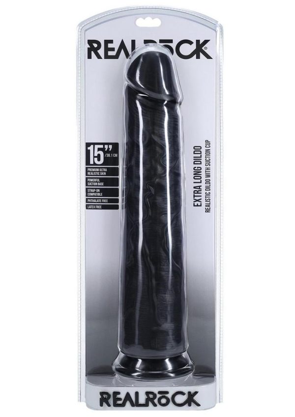 RealRock Ultra Realistic Skin Extra Large Straight Dildo with Suction Cup 15in - Black