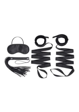 Lux Fetish Bondage Bed Strap and Flogger Kit (4 Piece) - Black