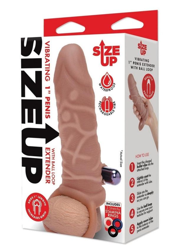 Size Up Silicone Vibrating Realistic Penis Extender with Ball Loop 1in - Caramel