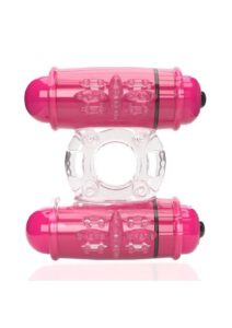 4T Double Wammy Silicone Rechargeable Dual Vibrating Couples Cock Ring - Strawberry