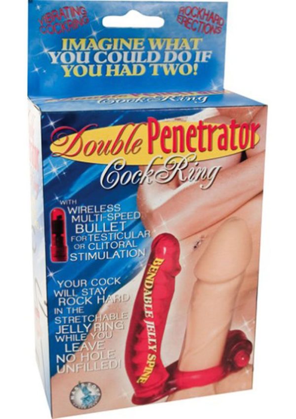 Double Penetrator Vibrating Cock Ring with Bendable Dildo - Red