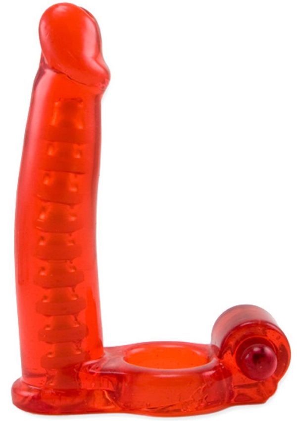 Double Penetrator Vibrating Cock Ring with Bendable Dildo - Red