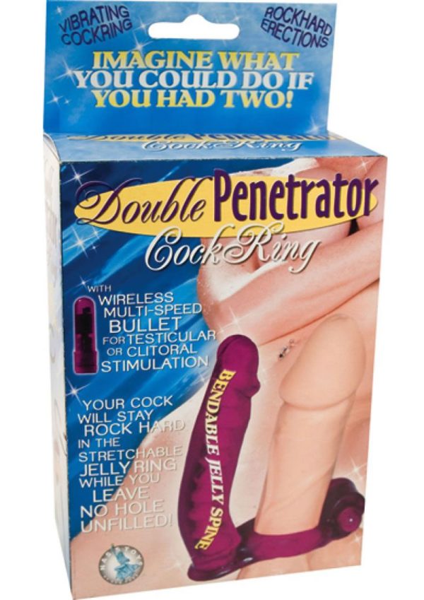 Double Penetrator Vibrating Cock Ring with Bendable Dildo - Purple