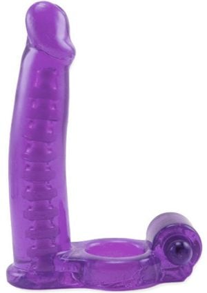 Double Penetrator Vibrating Cock Ring with Bendable Dildo - Purple