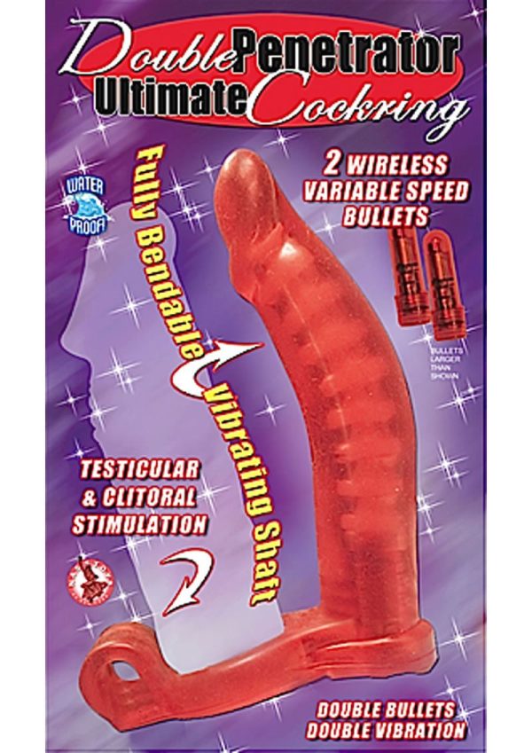 Double Penetrator Ultimate Cock Ring with Vibrating Dildo -Red