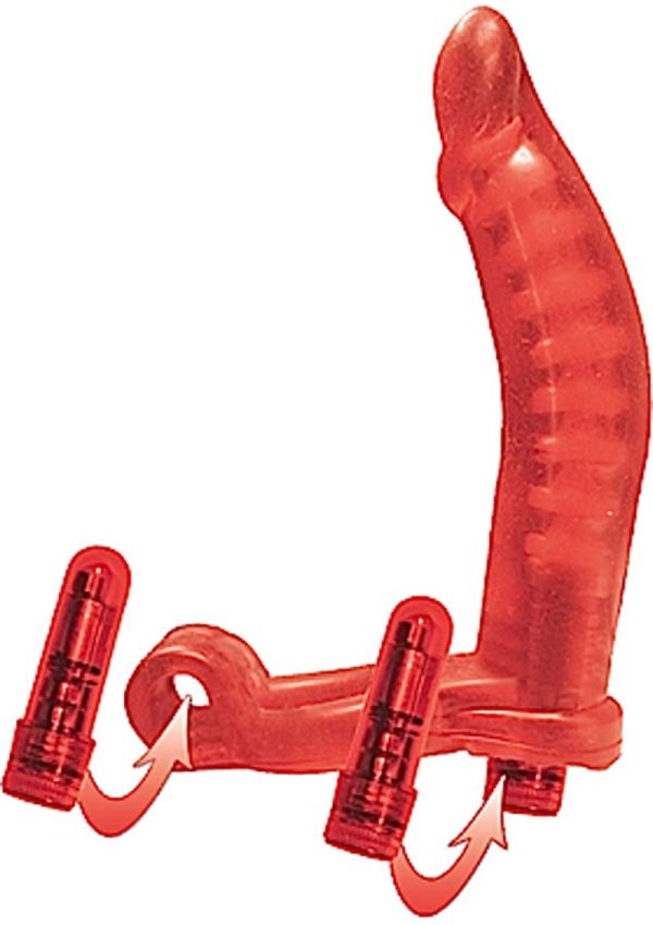 Double Penetrator Ultimate Cock Ring with Vibrating Dildo -Red