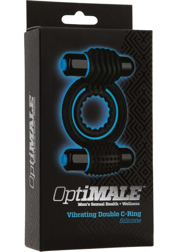 OptiMALE Silicone Vibrating Double Cock Ring with Dual Bullets - Black