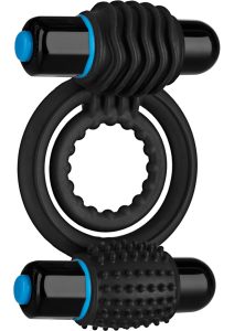 OptiMALE Silicone Vibrating Double Cock Ring with Dual Bullets - Black