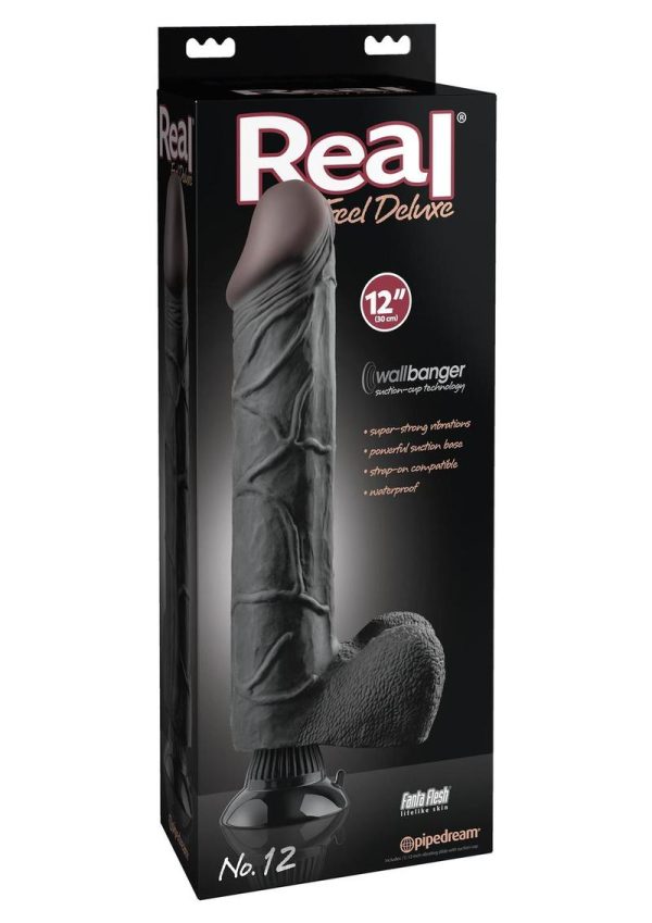 Real Feel Deluxe No. 12 Wallbanger Vibrating Dildo with Balls Waterproof 12in - Black