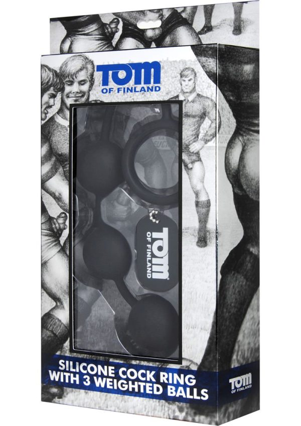 Tom Of Finland Silicone Cock Ring with 3 Weighted Balls - Black