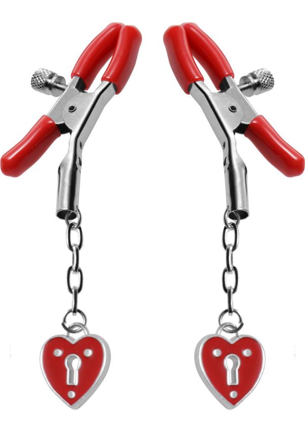 Master Series - Crimson Tied Charmed Heart Padlock Nipple Clamps - Red