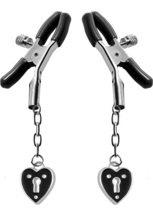 Master Series - Platinum Bound Charmed Heart Padlock Nipple Clamps - Silver