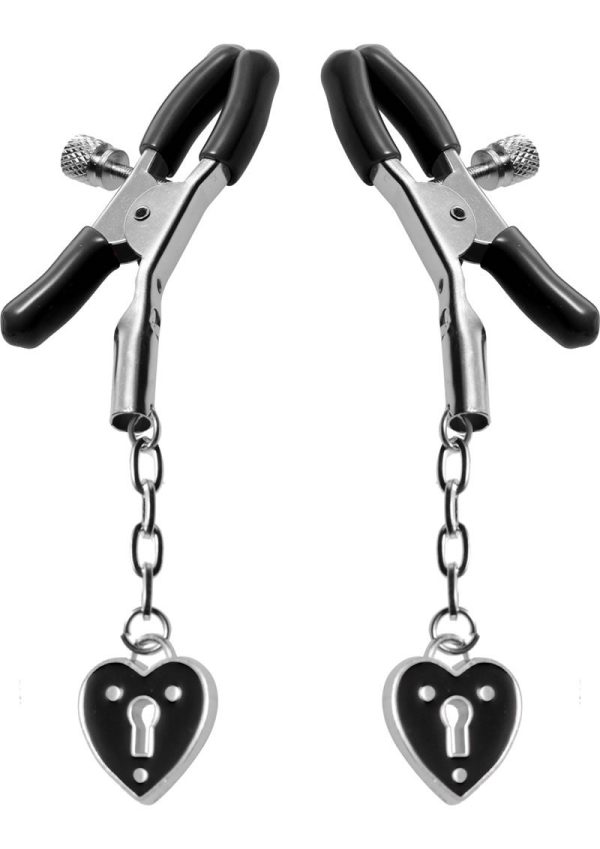 Master Series - Platinum Bound Charmed Heart Padlock Nipple Clamps - Silver