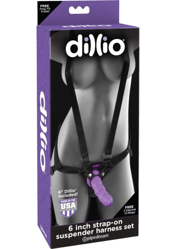 Dillio Strap-On Suspender Harness Set Black with Silicone Dildo 6in - Purple