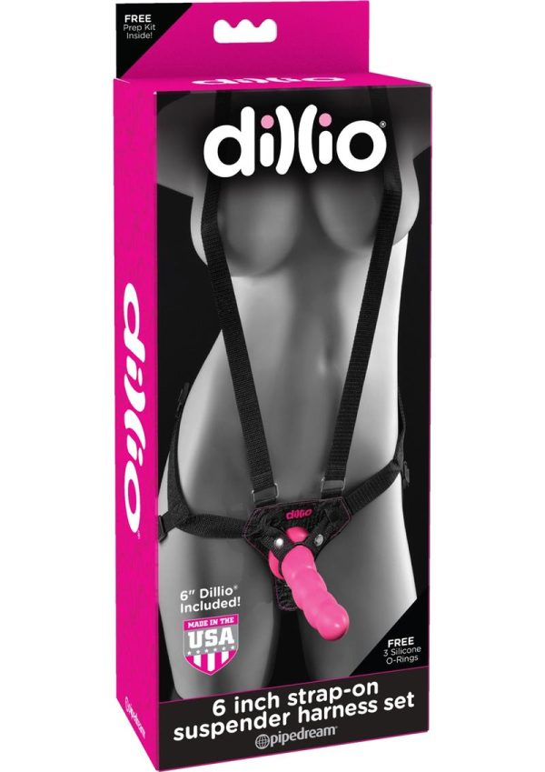 Dillio Strap-On Suspender Harness Set Black with Silicone Dildo 6in - Pink