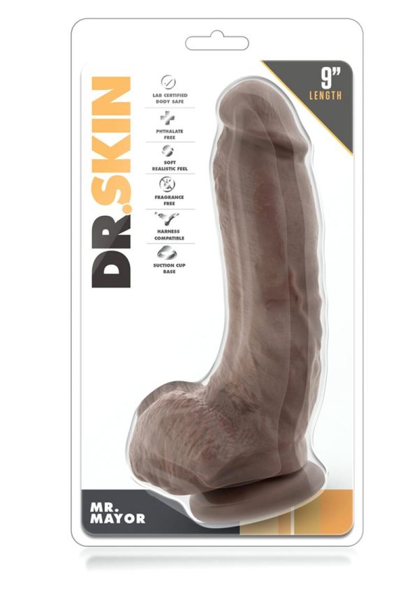 Dr. Skin Silver Collection Mr. Mayor Dildo with Balls and Suction Cup 9in - Chocolate