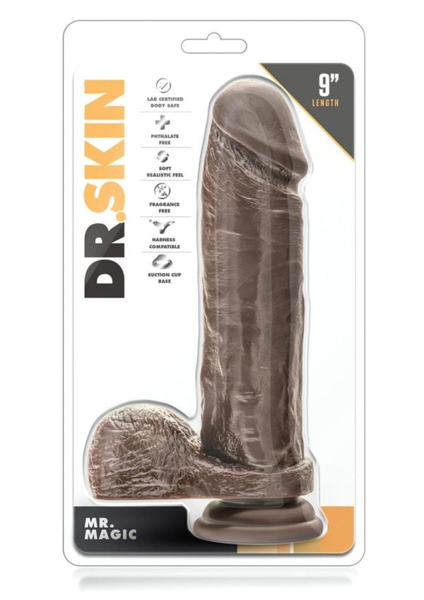 Dr. Skin Silver Collection Mr. Magic Dildo with Balls and Suction Cup 9in - Chocolate