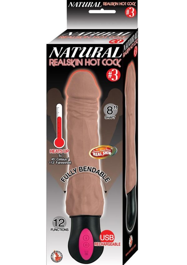 Natural Realskin Hot Cock 3 Rechargeable Warming Dildo 8in - Chocolate