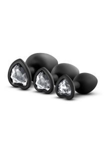 Luxe Bling Butt Plugs Silicone Training Kit with White Gems (3 size kit) - Black