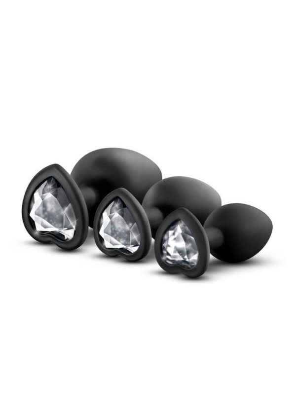 Luxe Bling Butt Plugs Silicone Training Kit with White Gems (3 size kit) - Black