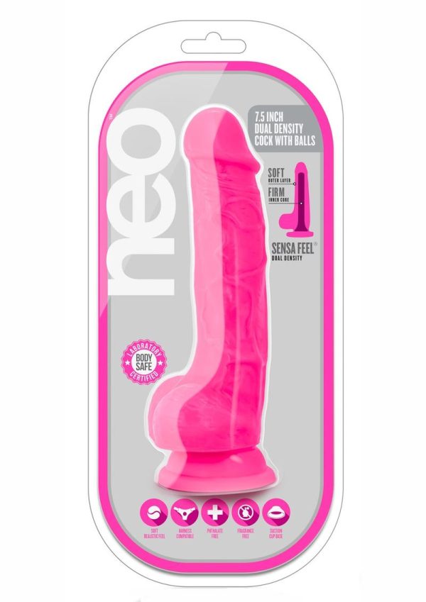 Neo Dual Density Dildo with Balls 7in - Neon Pink