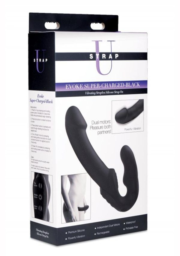 Strap U Evoke Super Charged Rechargeable Silicone Vibrating Strapless Strap On - Black