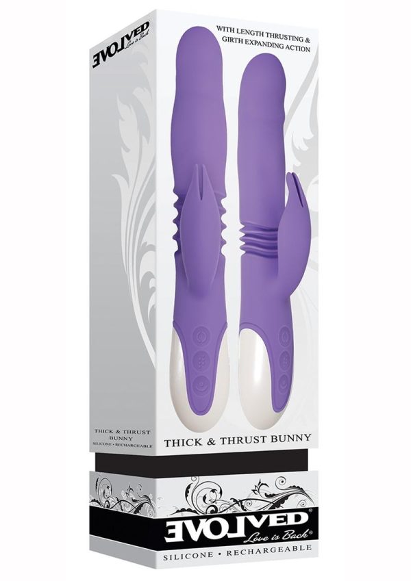 Thick and Thrust Bunny Rechargeable Silicone Rabbit Vibrator with Length Thrusting and Girth Expanding Action - Lavender