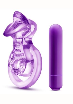 Play with Me Lick It Vibrating Double Strap Cock Ring - Purple