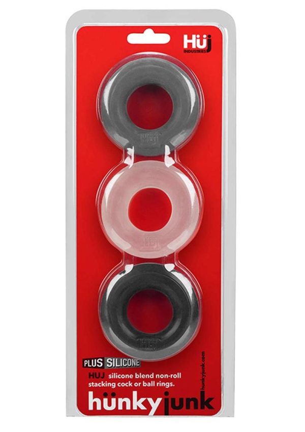 Hunkyjunk HUJ3 Silicone Cock Ring (3 Pack) - Black/Gray/Clear