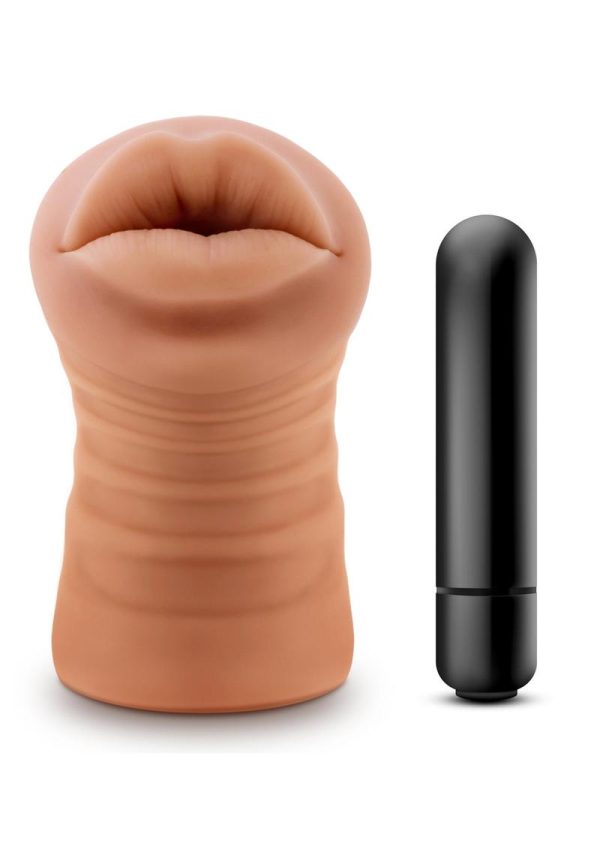 M for Men Isabella Vibrating Masturbator with Bullet - Mouth - Caramel