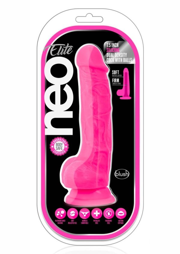 Neo Elite Silicone Dual Density Dildo with Balls 7.5in - Neon Pink