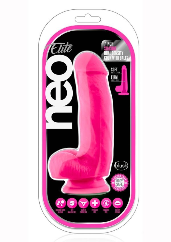 Neo Elite Silicone Dual Density Dildo with Balls 7in - Neon Pink