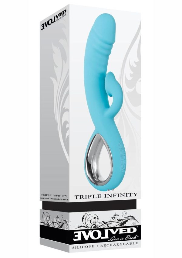 Triple Infinity Rechargeable Silicone Heated Dual Vibrator with Clitoral Suction Stimulator - Aqua