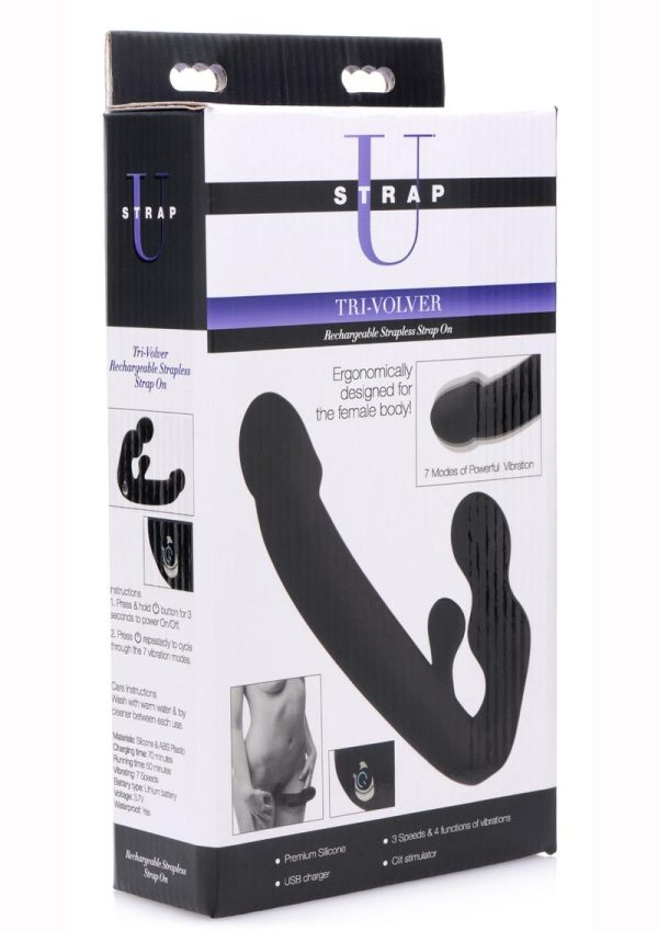 Strap U Tri-Volver Rechargeable Silicone Strapless Strap On - Black