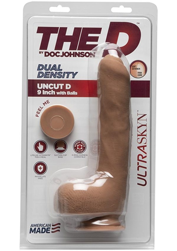 The D Uncut D Ultraskyn Dildo with Balls 9in - Caramel