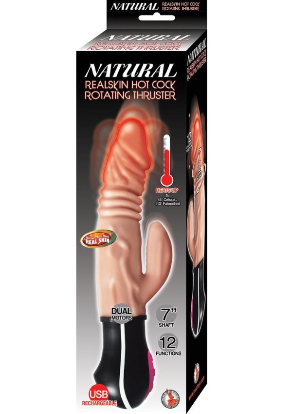 Natural Realskin Hot Cock Rotating Thruster Rechargeable Warming Vibrator - Vanilla