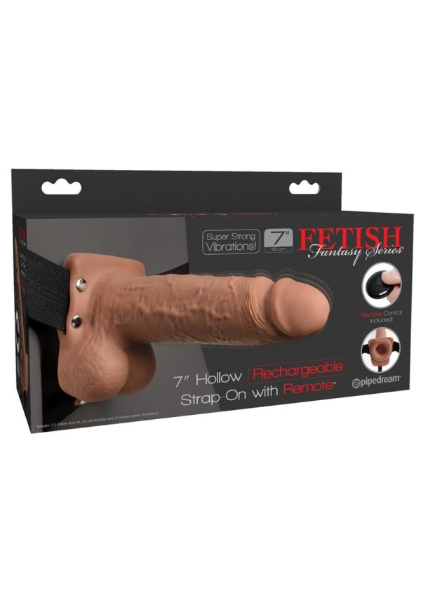 Fetish Fantasy Series Hollow Rechargeable Strap-On Dildo with Balls and Harness with Wireless Remote Control 7in - Caramel