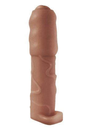 Natural Realskin Vibrating Uncircumcised Penis Extender with Scrotum Ring - Chocolate