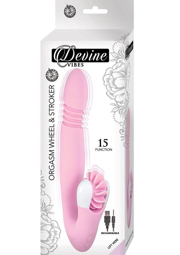 Devine Vibes Orgasm Wheel and Stroker Rechargeable Silicone Dual Vibrator -Pink