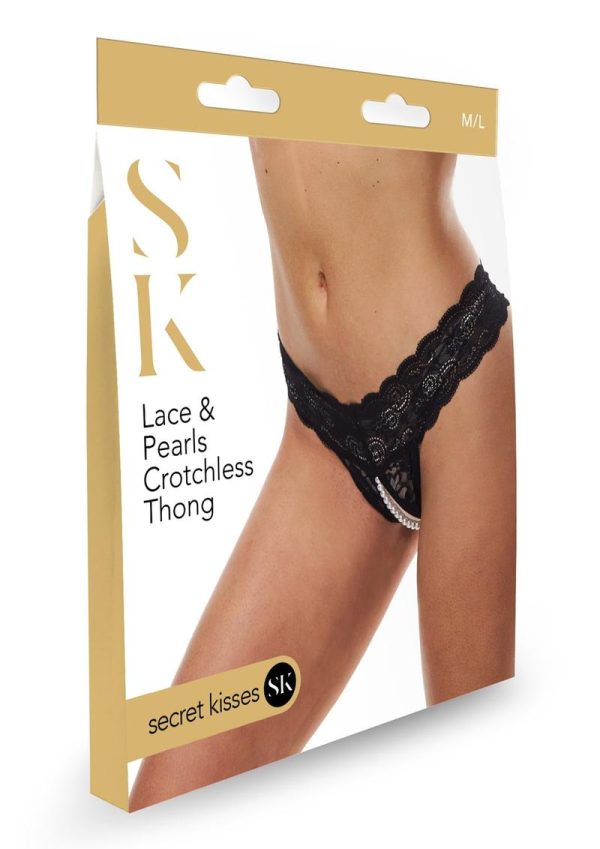 Secret Kisses Lace and Pearls Crotchless Thong - Black - M/LG