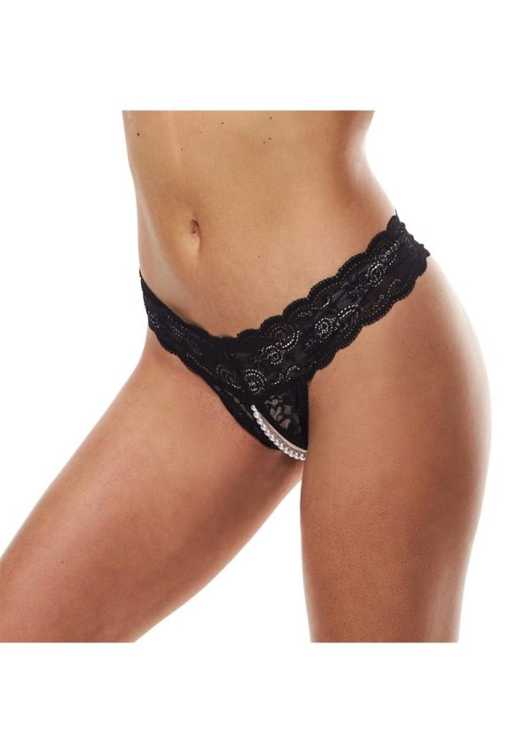 Secret Kisses Lace and Pearls Crotchless Thong - Black - M/LG