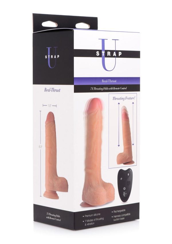 Strap U Real Thrust Thrusting and Vibrating Rechargeable Silicone Dildo - Vanilla