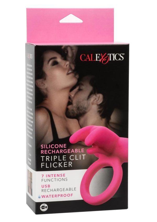 CalExotics Silicone Rechargeable Triple Clit Flicker Cock Ring - Pink