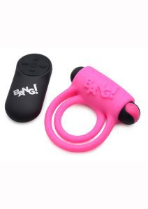 Bang! Silicone Rechargeable Cock Ring and Bullet with Remote Control - Pink