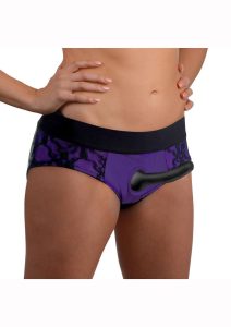 Strap U Lace Envy Pegging Set with Lace Crotchless Panty Harness and Dildo 5in - L/XL - Purple/Black