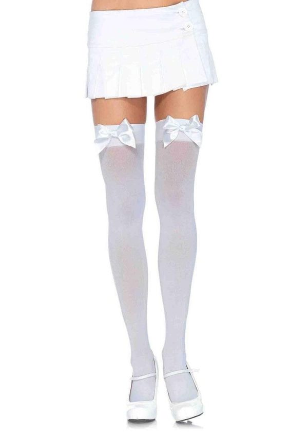 Leg Avenue Nylon Thigh High with Bow - O/S - White