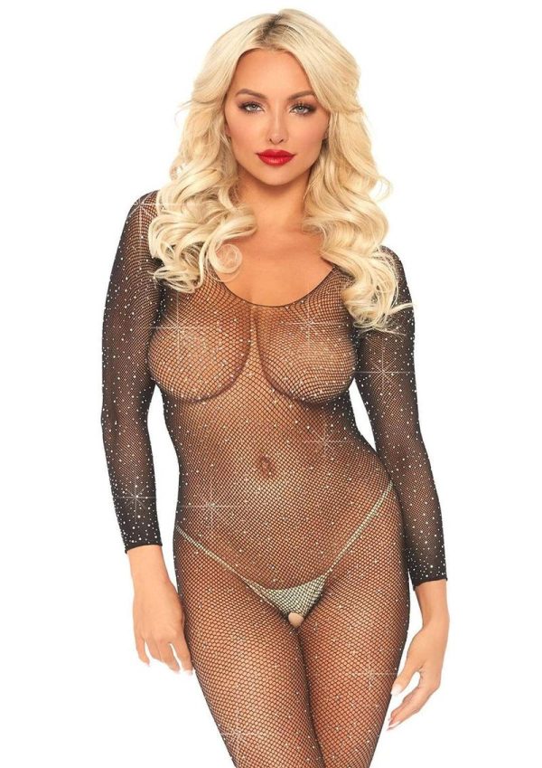 Leg Avenue Crystalized Seamless Fishnet Long Sleeved Bodysuit- O/S - Black