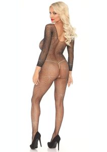 Leg Avenue Crystalized Seamless Fishnet Long Sleeved Bodysuit- O/S - Black